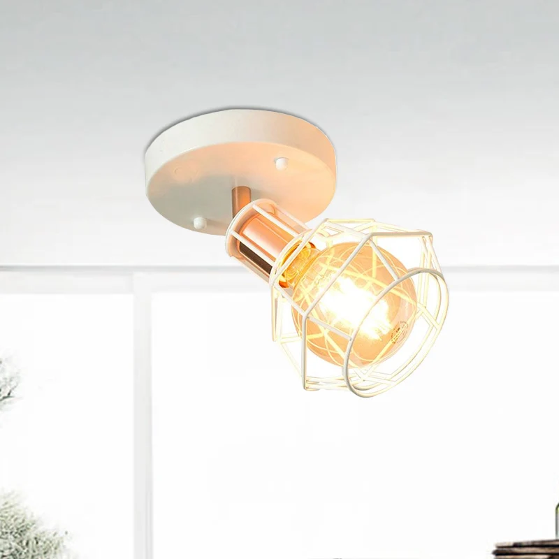 Zwart/witte plafondlamp met draadkooi, industrieel metaal, 1 lamp, semi-inbouwlamp voor slaapkamer Clearhalo