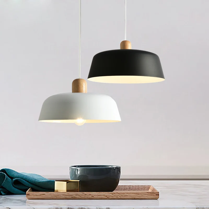 Zwart/witte platte komvormige hanglamp van Scandinavisch metaal, 1 lichts plafondhanglamp met houten blad Clearhalo