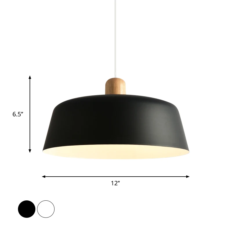 Zwart/witte platte komvormige hanglamp van Scandinavisch metaal, 1 lichts plafondhanglamp met houten blad Clearhalo