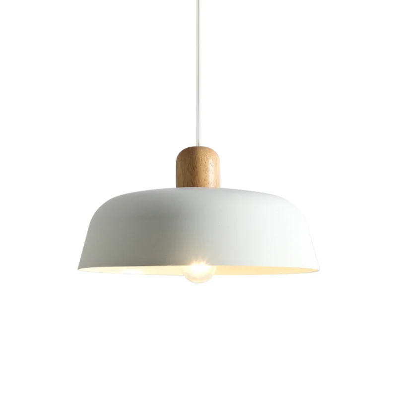 Zwart/witte platte komvormige hanglamp van Scandinavisch metaal, 1 lichts plafondhanglamp met houten blad Clearhalo