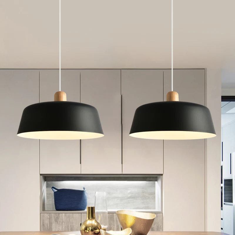 Zwart/witte platte komvormige hanglamp van Scandinavisch metaal, 1 lichts plafondhanglamp met houten blad Clearhalo
