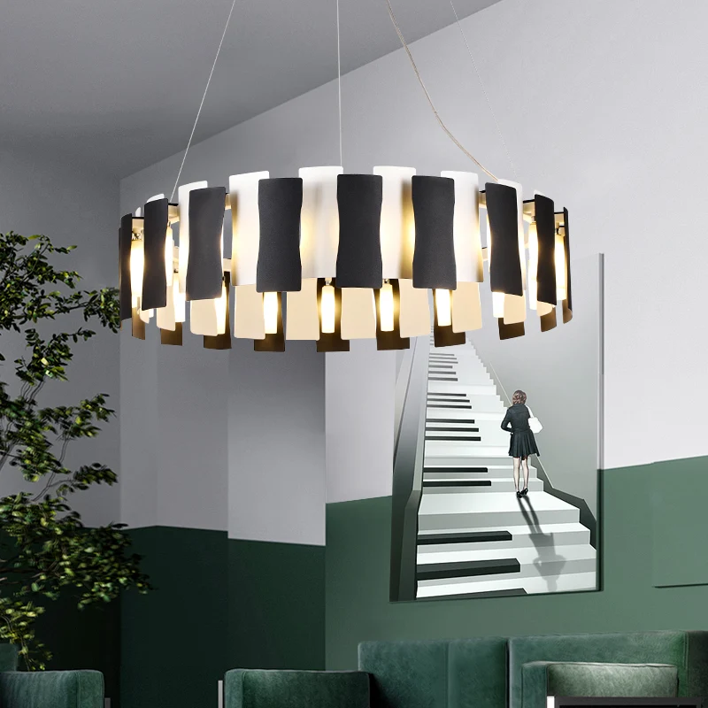 Zwart-witte ronde kroonluchter Postmoderne creatieve metalen hanglamp voor woonkamer Clearhalo