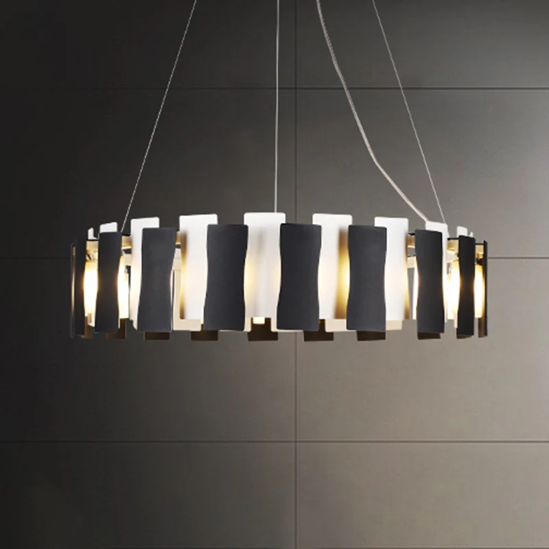 Zwart-witte ronde kroonluchter Postmoderne creatieve metalen hanglamp voor woonkamer Clearhalo
