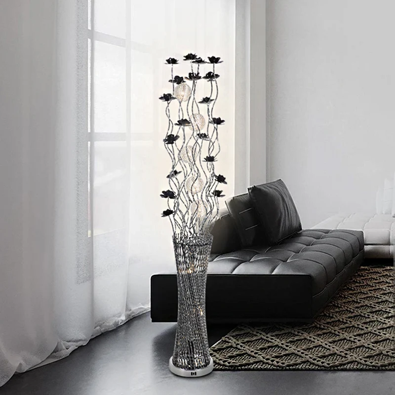 Zwart-zilveren LED-staande lamp Decoratieve aluminium boomachtige vloerleesverlichting met torenvormige voet, warm/wit lic...