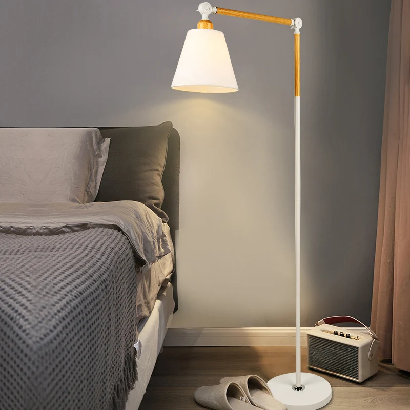 Zwenkarm Woonkamer Vloerleeslamp Hout 1-kops Scandinavische vloerlamp met kegelvormige stoffen kap zwart/wit Clearhalo