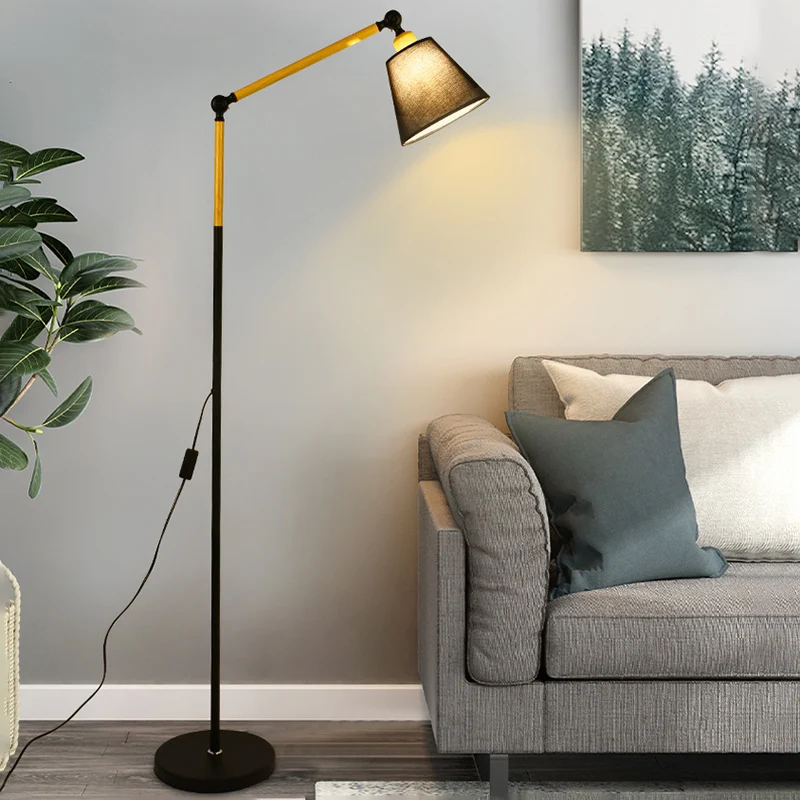 Zwenkarm Woonkamer Vloerleeslamp Hout 1-kops Scandinavische vloerlamp met kegelvormige stoffen kap zwart/wit Clearhalo