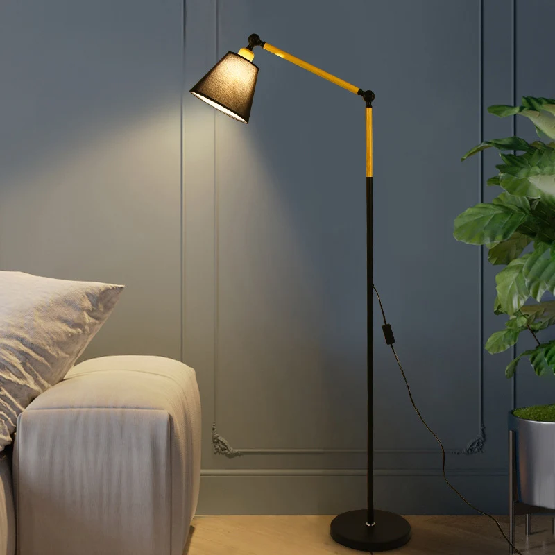 Zwenkarm Woonkamer Vloerleeslamp Hout 1-kops Scandinavische vloerlamp met kegelvormige stoffen kap zwart/wit Clearhalo