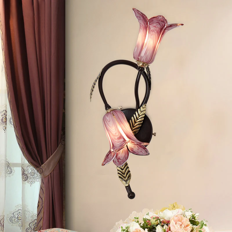Zwevende arm wit/paars glazen wandlamp platteland 2 lampen slaapkamer blaker lichtarmatuur zwart/goud Clearhalo