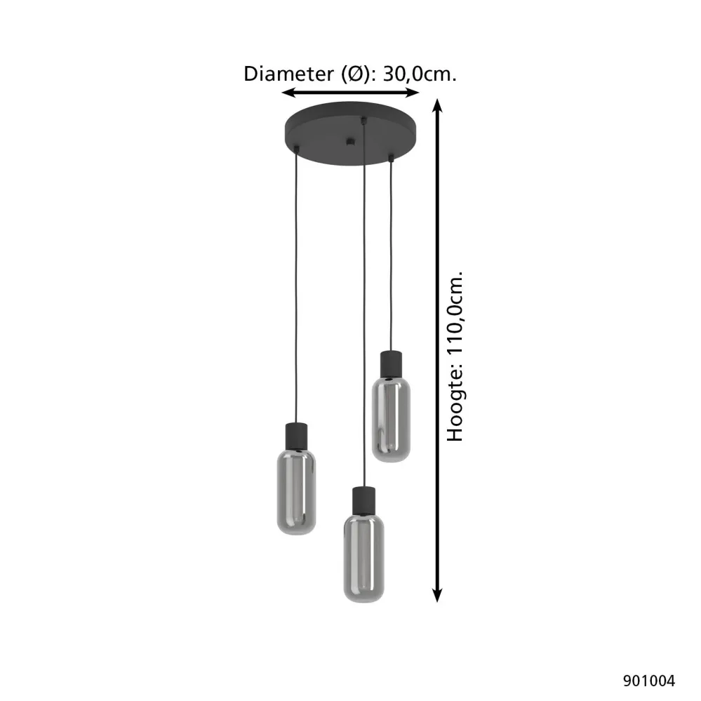 EGLO hanglamp Majone - e27 - smoke glas - ø30 cm - zwart