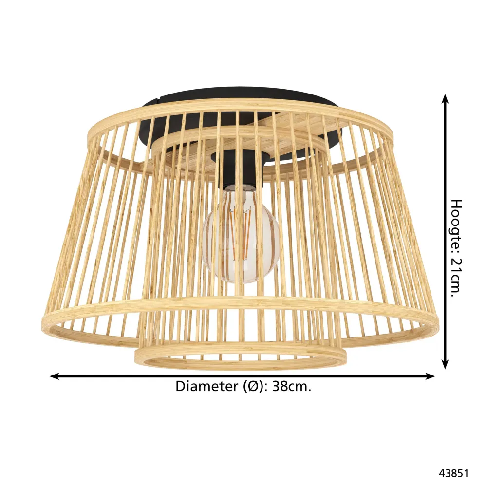 EGLO plafondlamp Hykeham - e27 - ø 38 cm - zwart/hout