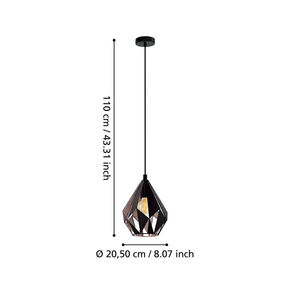 LAMP COLGANTE TIPO DIAMANTE CHICA ACERO NEGRO/COBRE E27 (NO INCLUIDA) CARLTON 1 EGLO