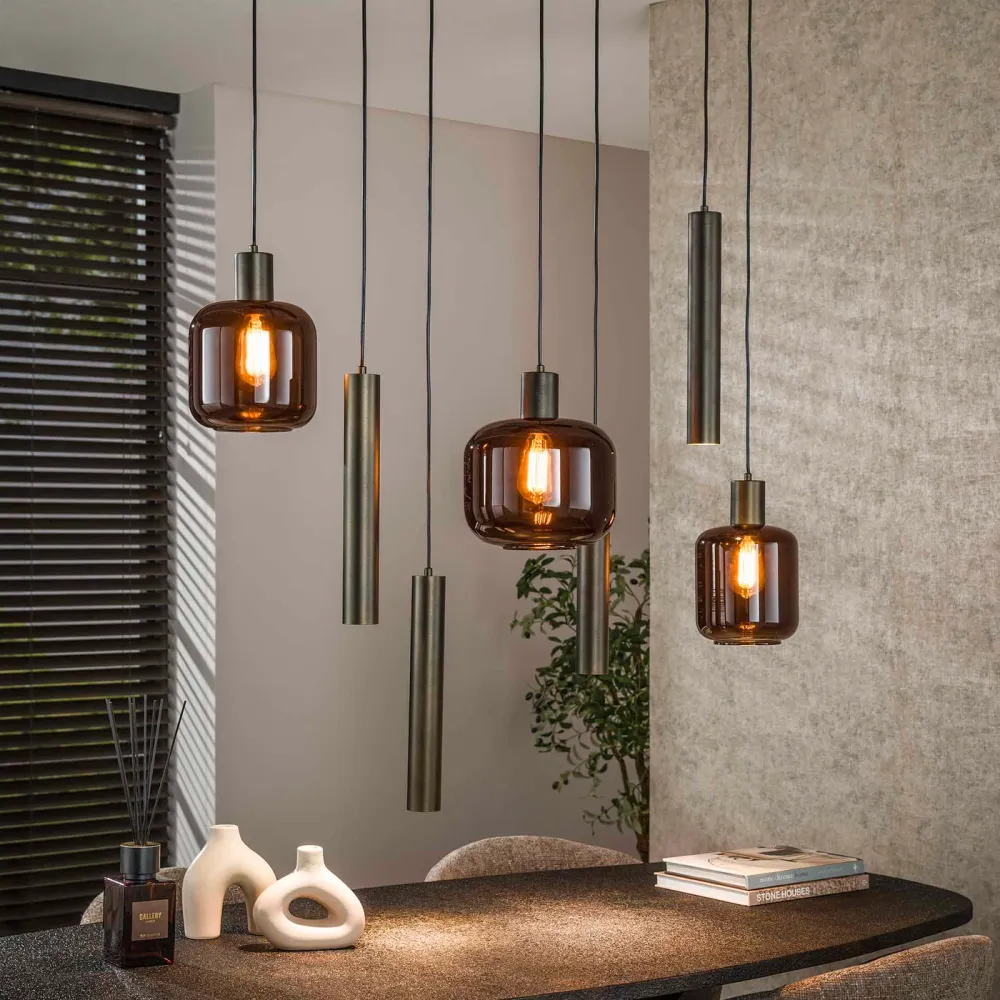 Giga Meubel Hanglamp Bronza Mix - Bruin Glas - 7-Lichts - 105x35x150cm