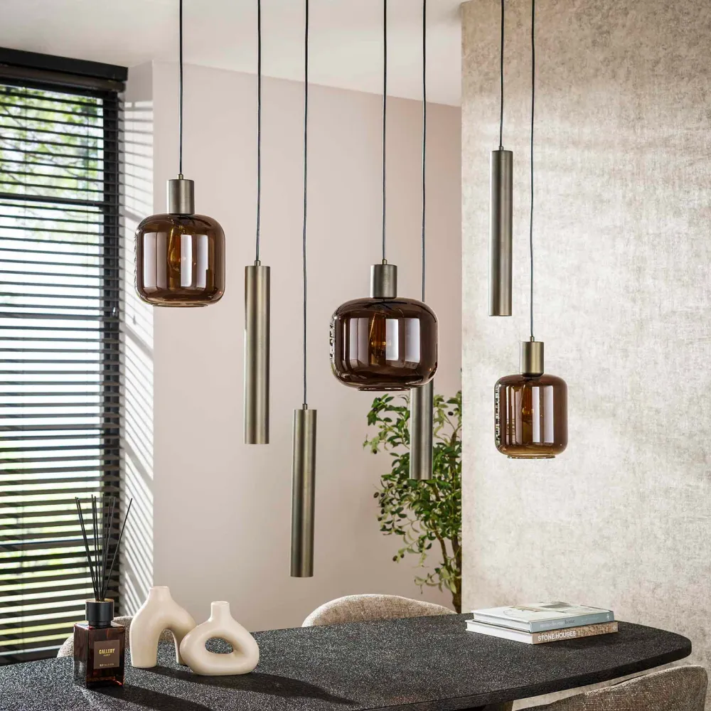 Giga Meubel Hanglamp Bronza Mix - Bruin Glas - 7-Lichts - 105x35x150cm