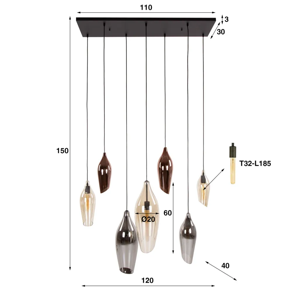 Giga Meubel Hanglamp Cocoon - Multicolor Glas - 7-Lichts - 120x40x150cm