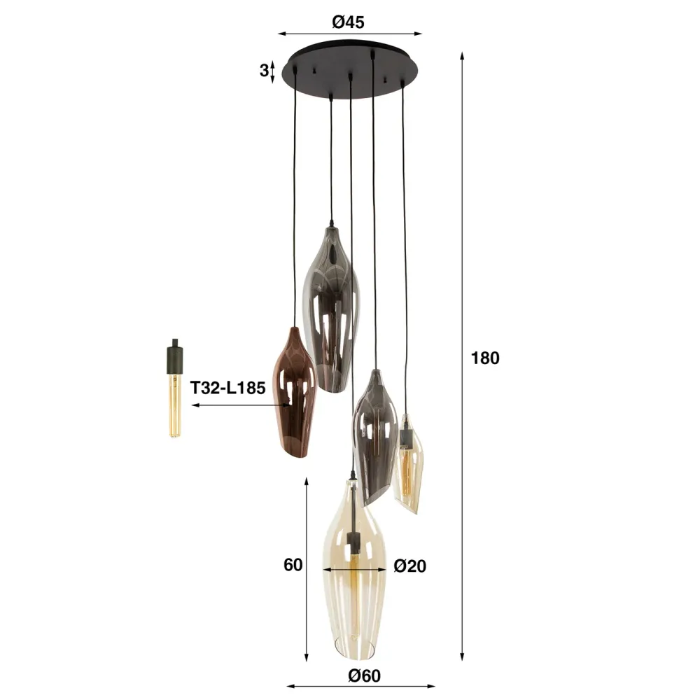 Giga Meubel Hanglamp Cocoon - Multicolor Glas - 5-Lichts - 60x60x180cm