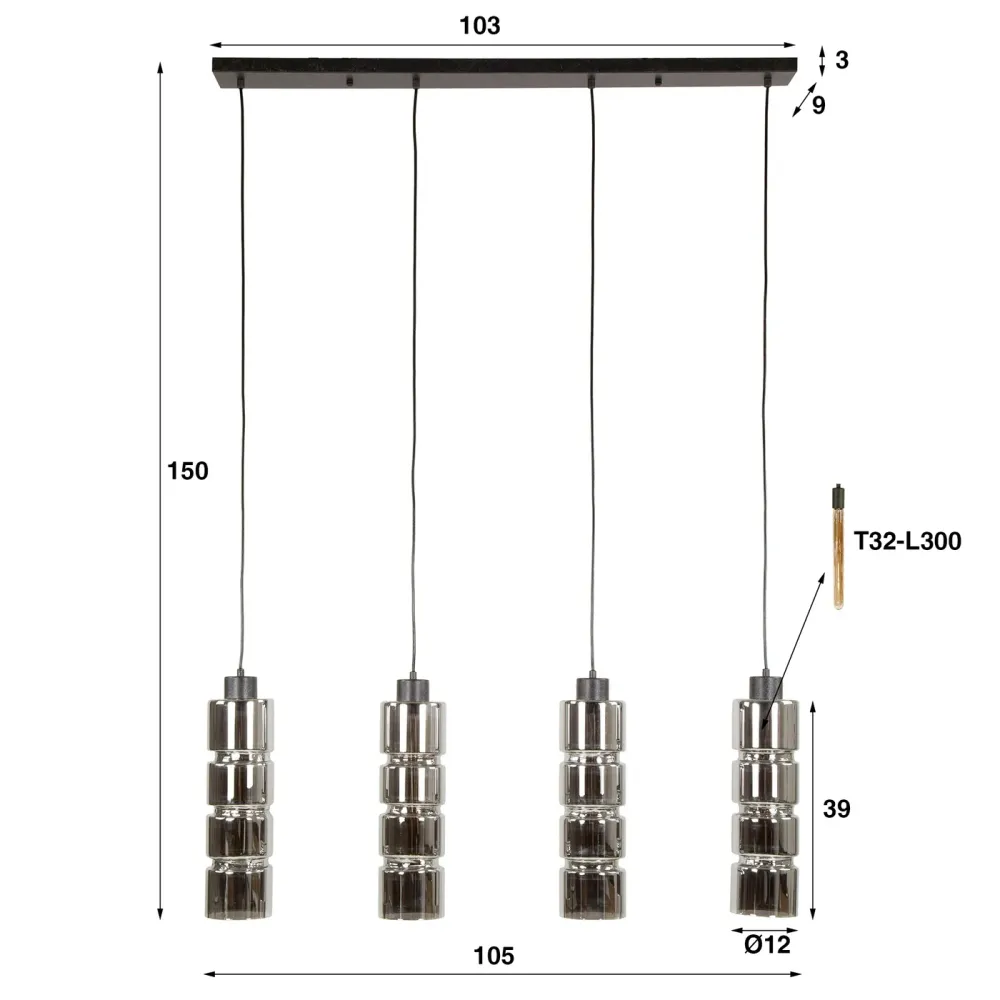 Giga Meubel Hanglamp Cylinder - Chroom Glas - 4-Lichts - 105x12x150cm