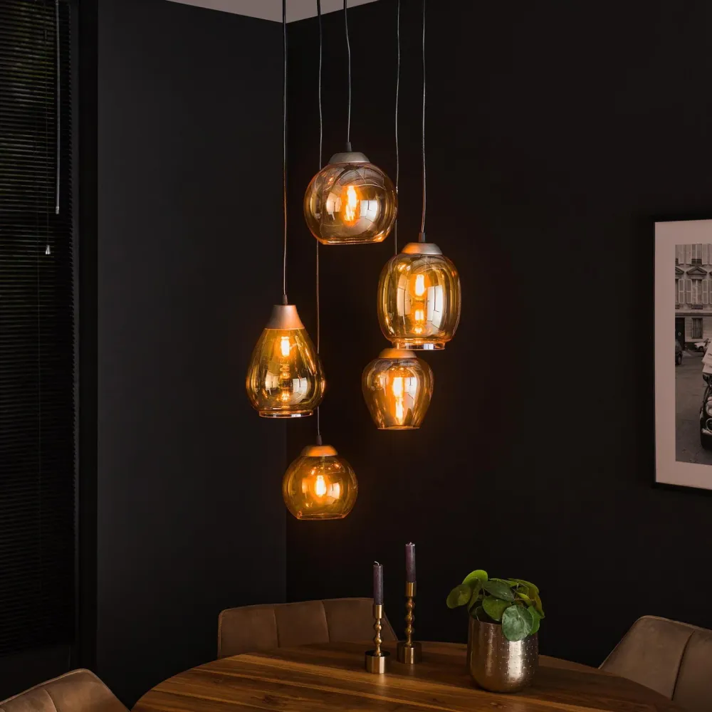 Giga Meubel Hanglamp Getrapt Mix - Amber Glas - 5-Lichts - 150x43x43cm