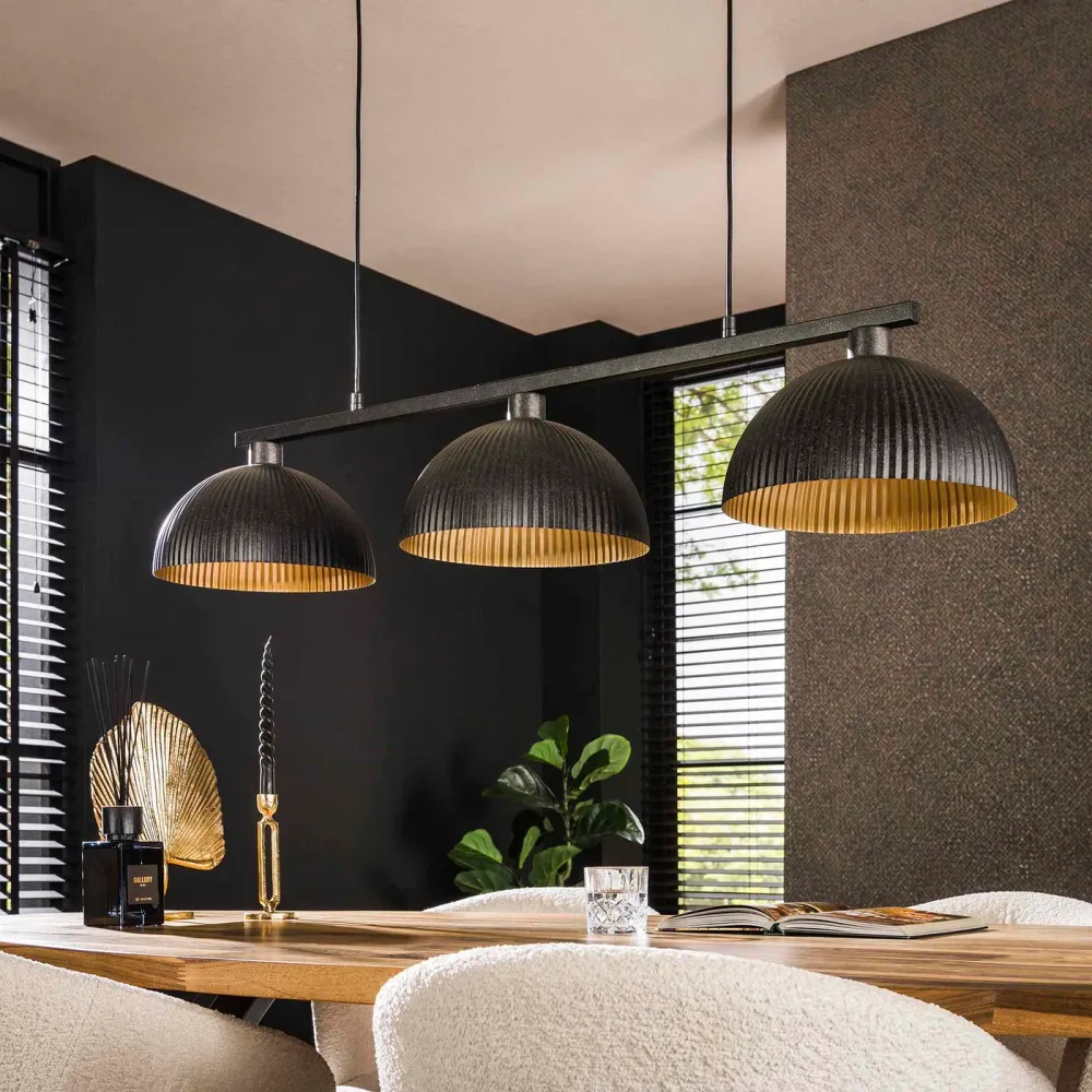 Giga Meubel Hanglamp Kap-Ribbel - Zwart Metaal - 3-Lichts - 120x30x150cm