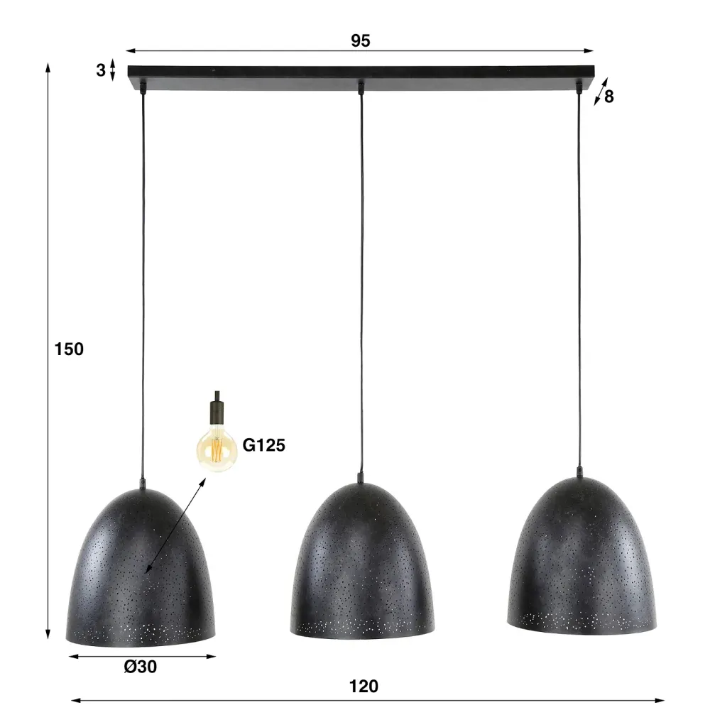 Giga Meubel Hanglamp Kosmos - Zwart Metaal - 3-Lichts - 125x30x150cm