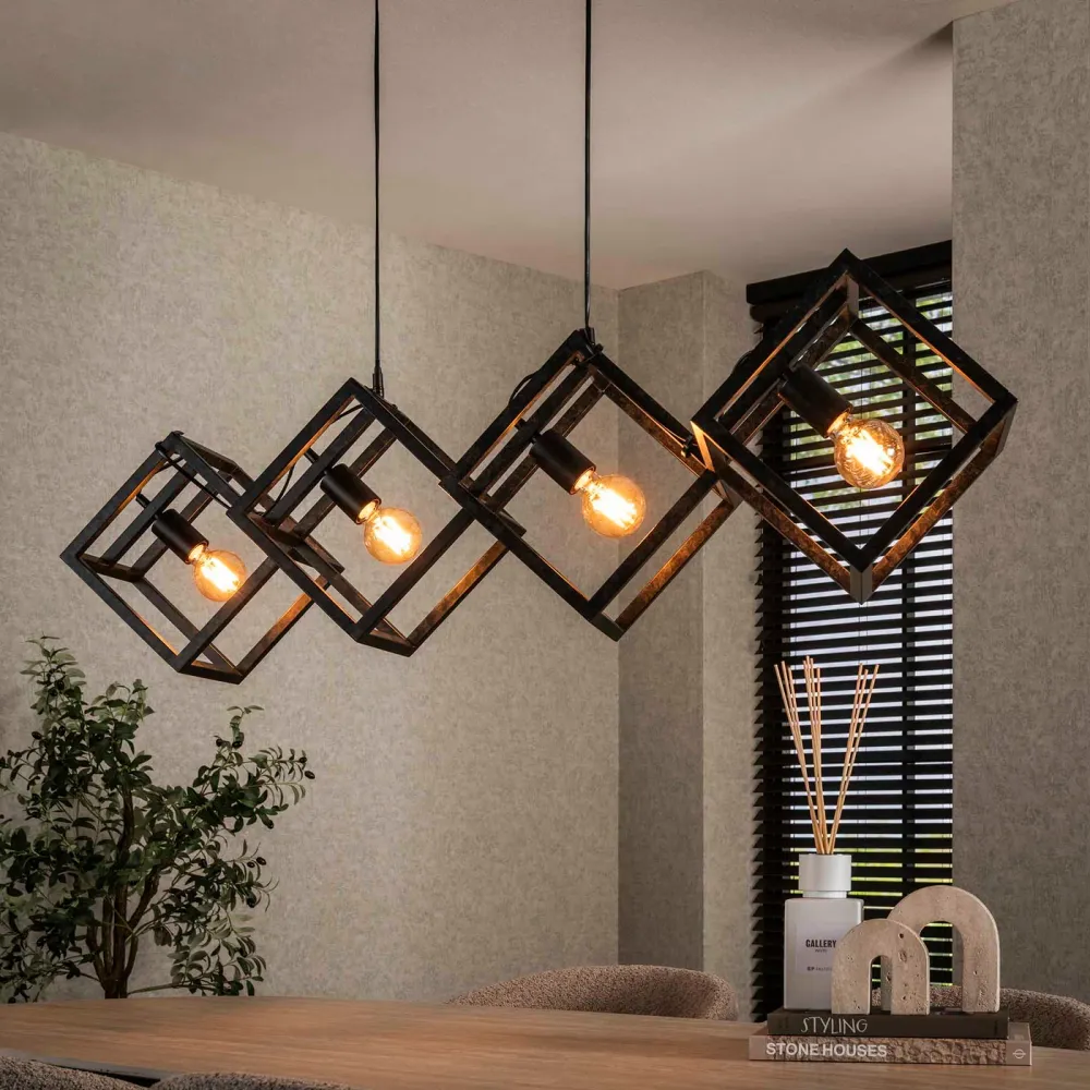 Giga Meubel Hanglamp Kubus - Zwart Metaal - 4-Lichts - 150x35x150cm