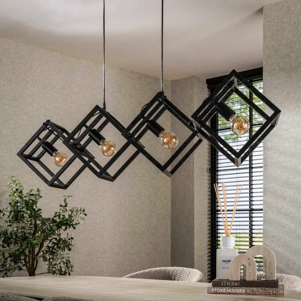 Giga Meubel Hanglamp Kubus - Zwart Metaal - 4-Lichts - 150x35x150cm