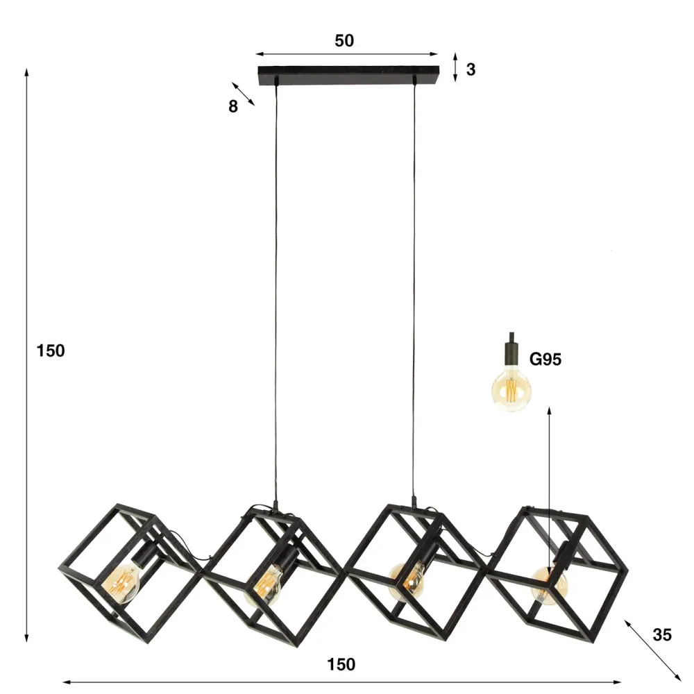 Giga Meubel Hanglamp Kubus - Zwart Metaal - 4-Lichts - 150x35x150cm