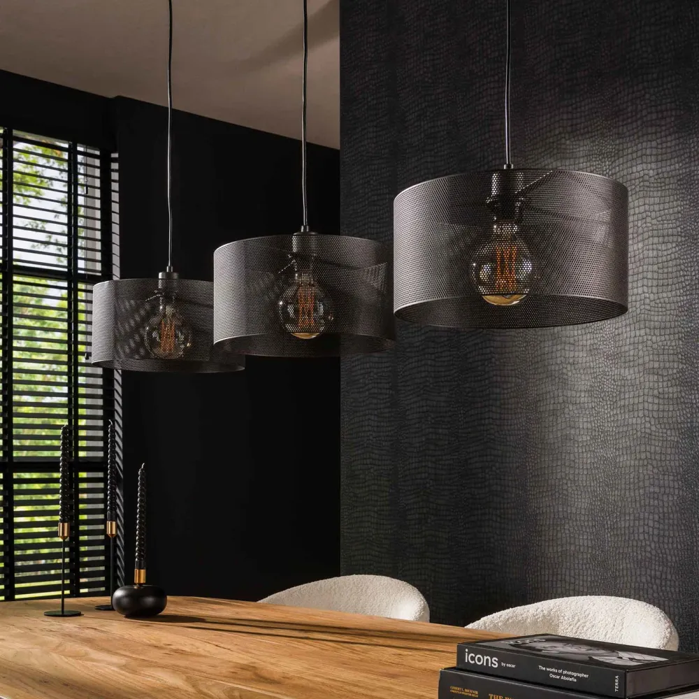 Giga Meubel Hanglamp Mesh Rond - Zwart Metaal - 3-Lichts - 120x30x150cm