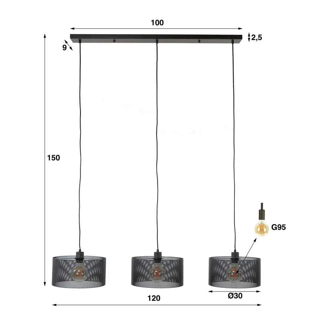 Giga Meubel Hanglamp Mesh Rond - Zwart Metaal - 3-Lichts - 120x30x150cm