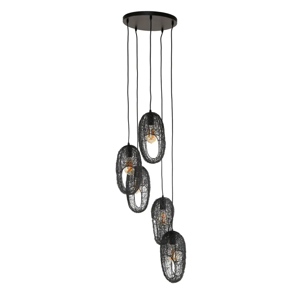 Giga Meubel Hanglamp Open Wire - Zwart Metaal - 5-Lichts - 45x45x180cm