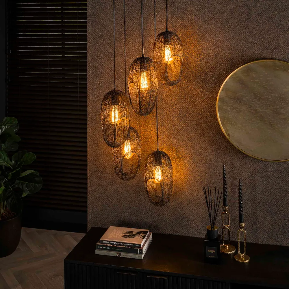 Giga Meubel Hanglamp Open Wire - Zwart Metaal - 5-Lichts - 45x45x180cm
