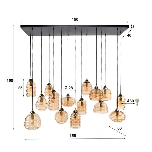 Giga Meubel Hanglamp Rib Glass - Amber - 15-Lichts - 155x60x150cm