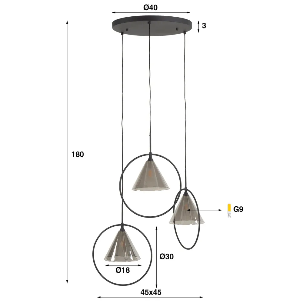 Giga Meubel Hanglamp Ring - Grijs Glas - 3-Lichts - 45x45x180cm