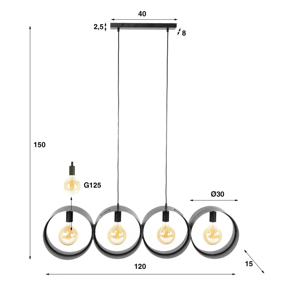 Giga Meubel Hanglamp Ring - Zwart Metaal - 4-Lichts - 120x15x150cm