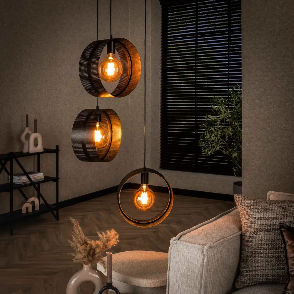 Giga Meubel Hanglamp Ring - Zwart Metaal - 3-Lichts - 50x50x180cm