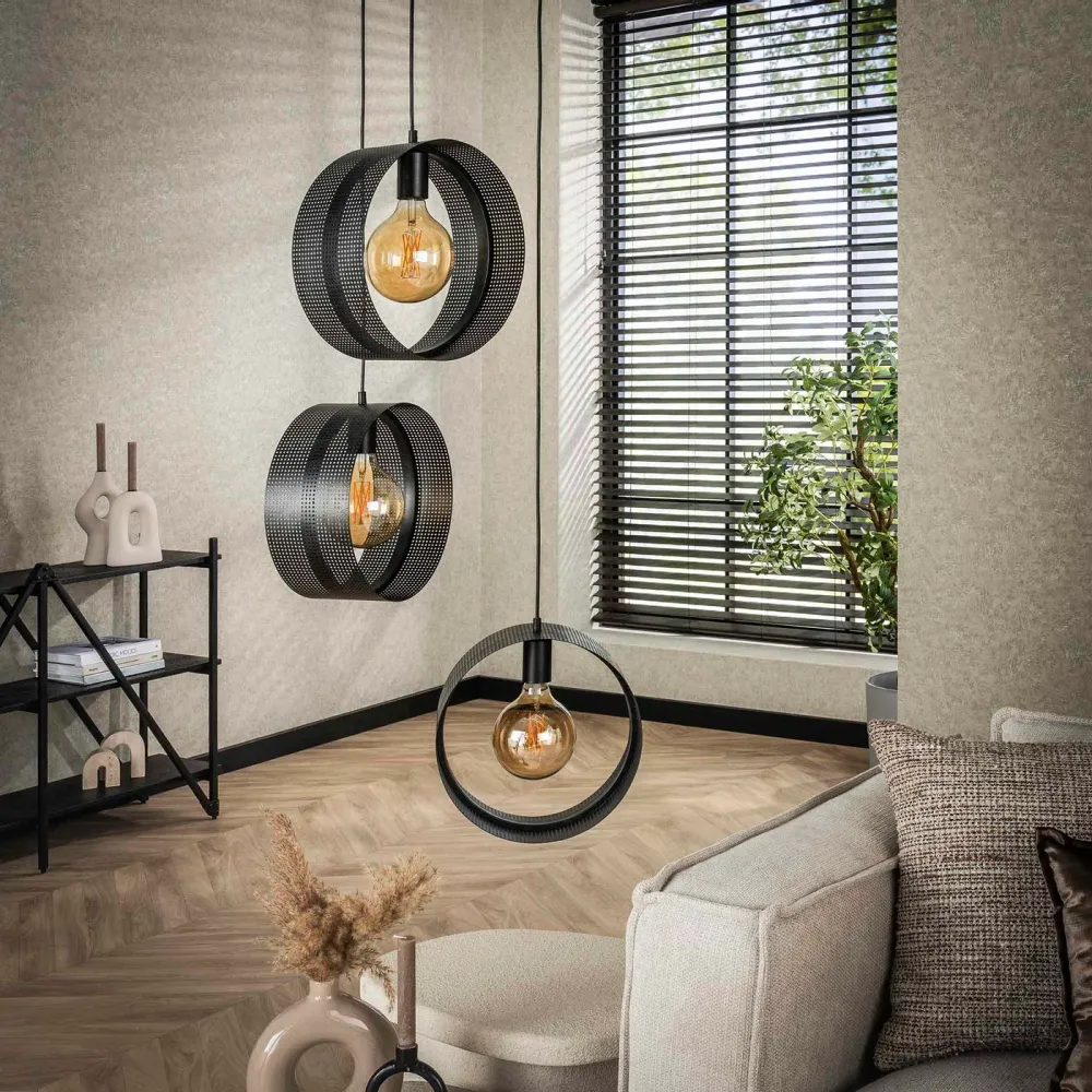 Giga Meubel Hanglamp Ring - Zwart Metaal - 3-Lichts - 50x50x180cm