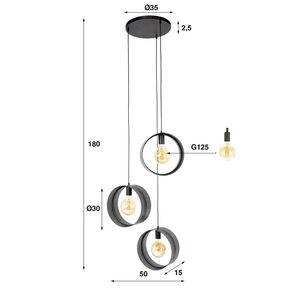 Giga Meubel Hanglamp Ring - Zwart Metaal - 3-Lichts - 50x50x180cm