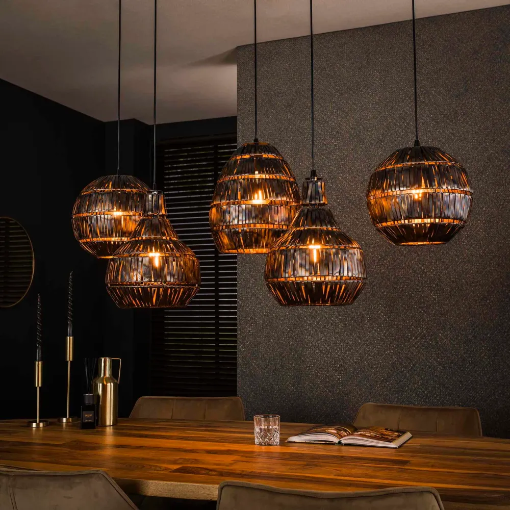 Giga Meubel Hanglamp Strip - Zwart/Bruin Metaal - 5-Lichts - 130x30x150cm