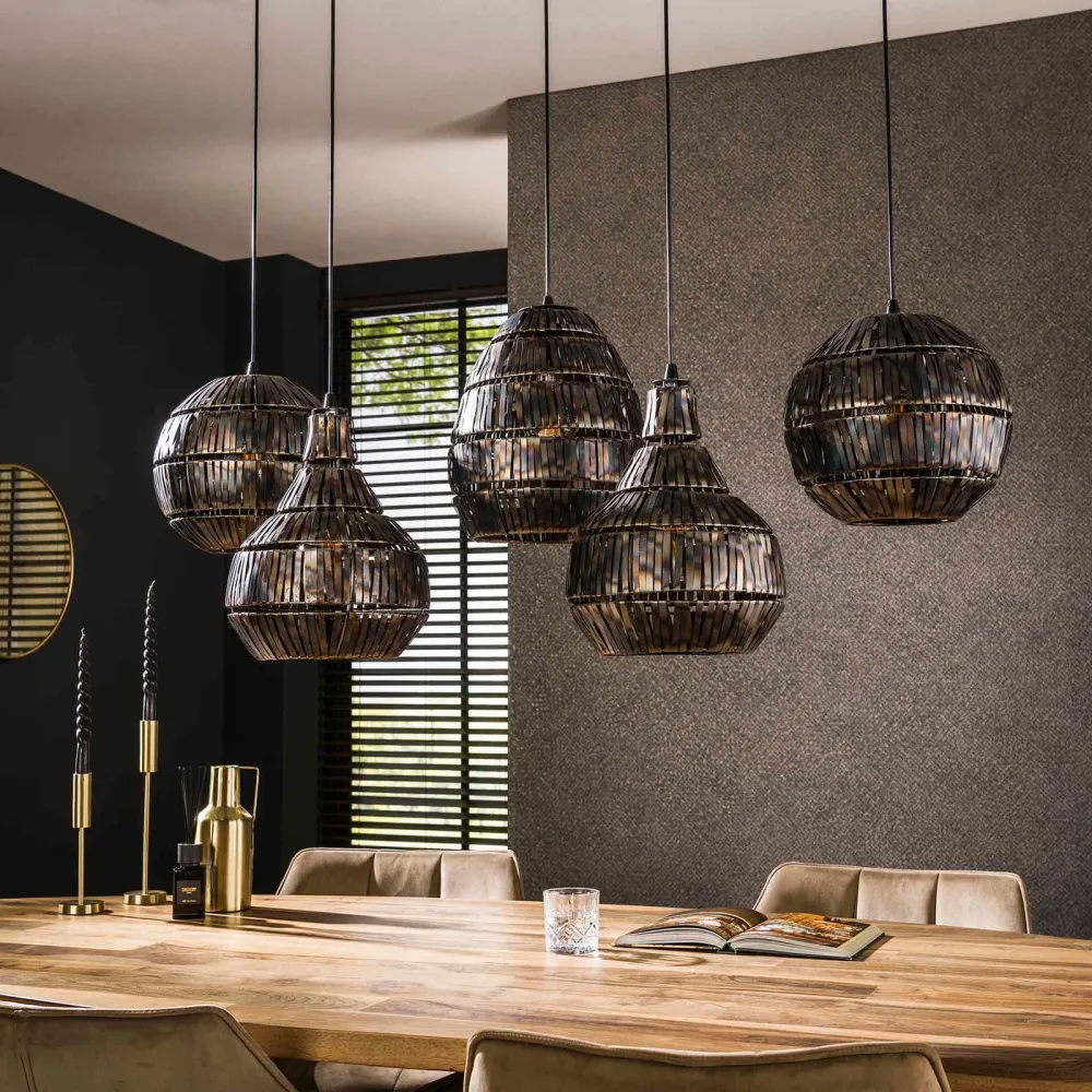Giga Meubel Hanglamp Strip - Zwart/Bruin Metaal - 5-Lichts - 130x30x150cm