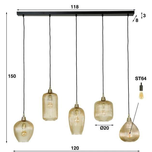 Giga Meubel Hanglamp Stripe Glass Mix - Amber - 5-Lichts - 120x20x150cm