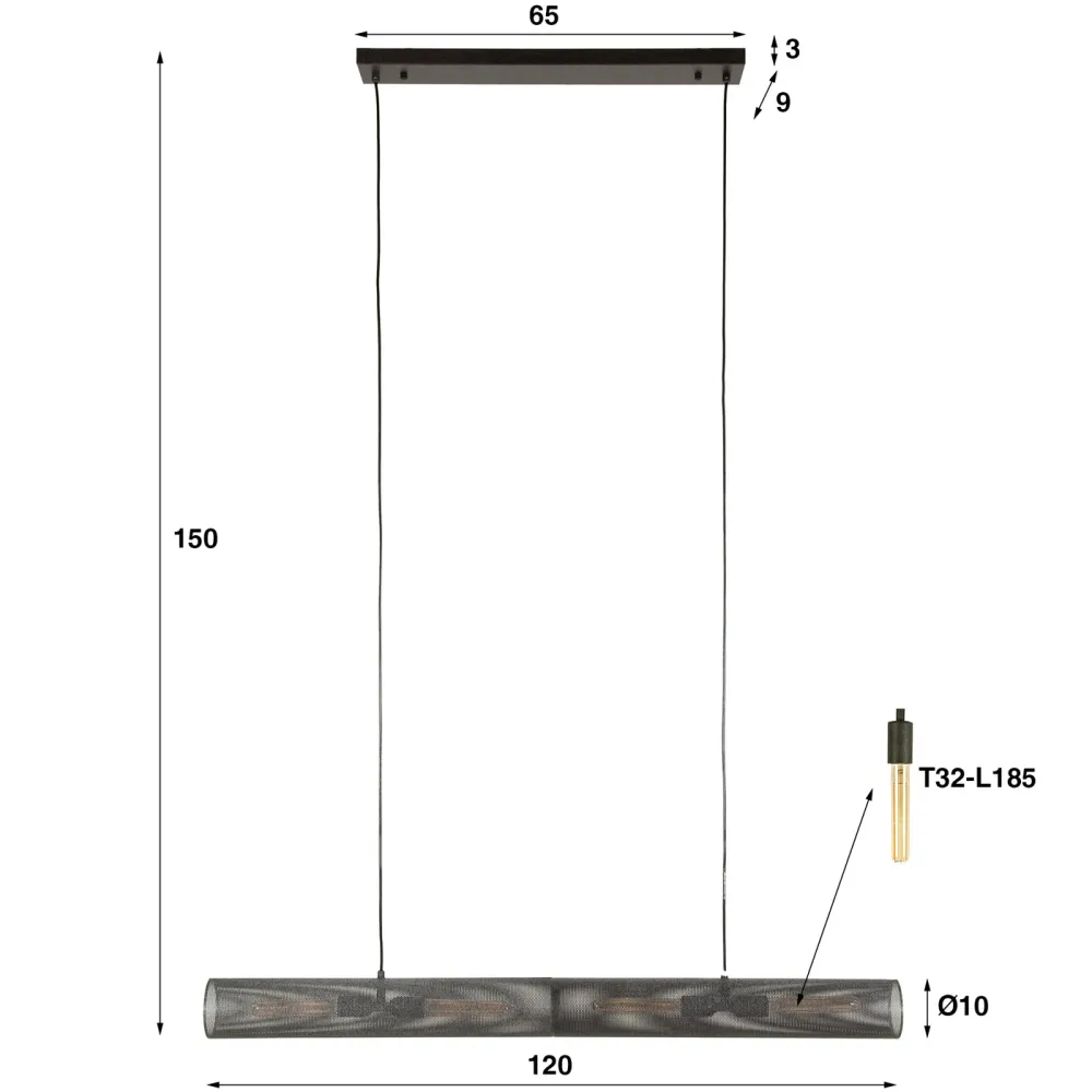 Giga Meubel Hanglamp Tube Mesh - Zwart Metaal - 120x10x150cm