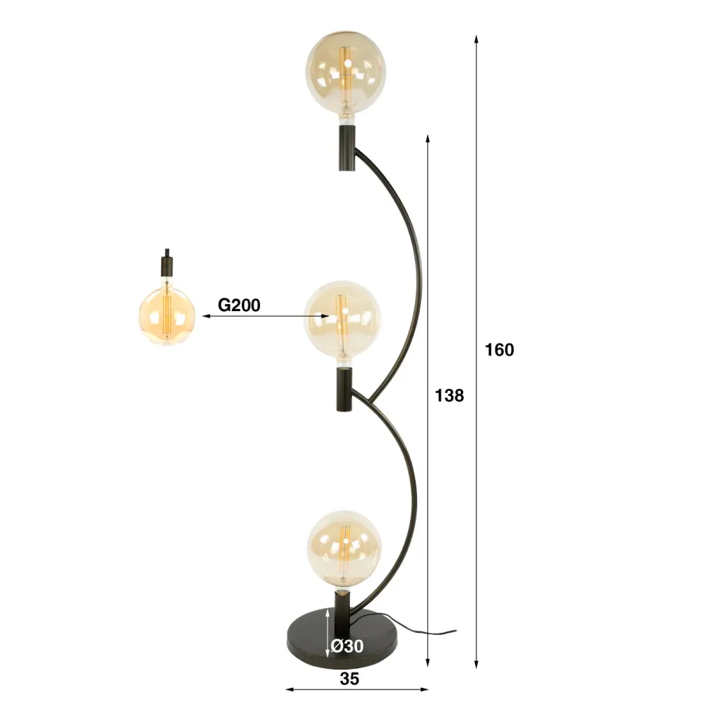 Giga Meubel Vloerlamp Arcus - Zwart - 3-Lichts - 35x30x160cm