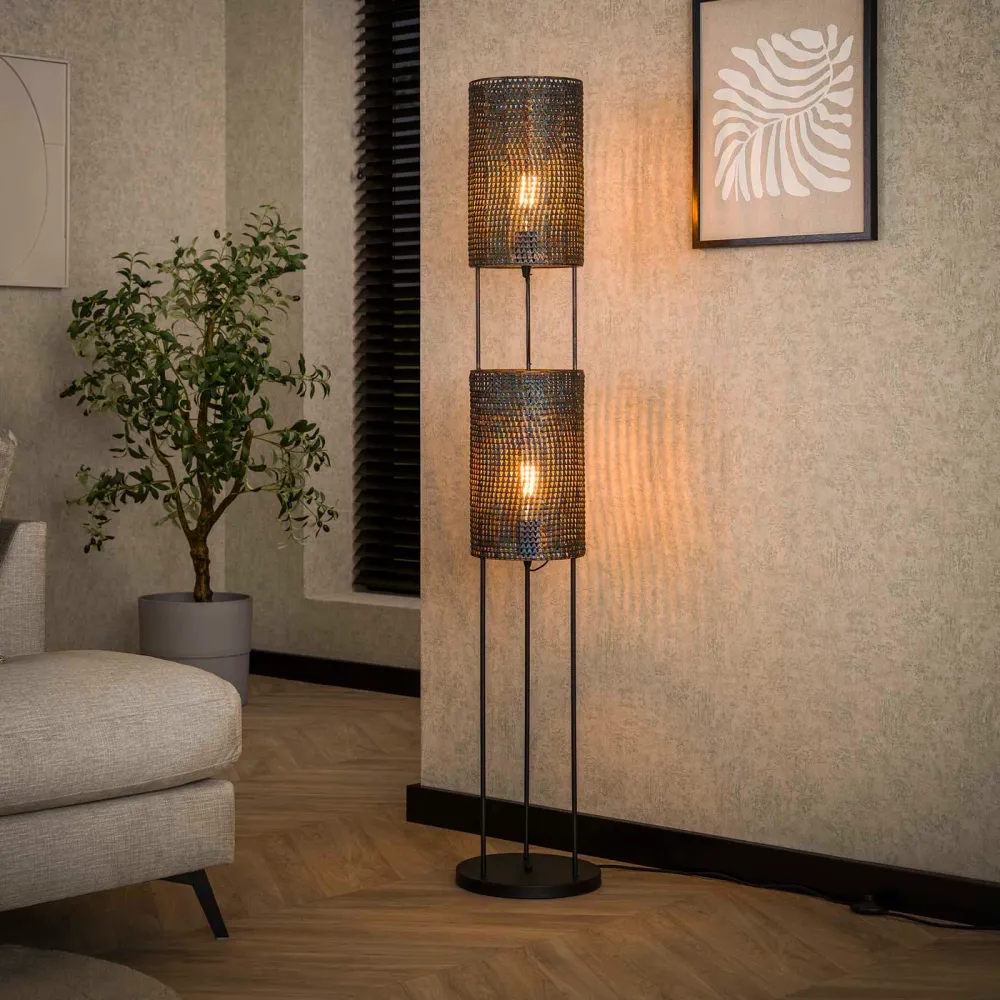 Giga Meubel Vloerlamp Armor Tube - Zwart Metaal - 2-Lichts - 28x28x150cm