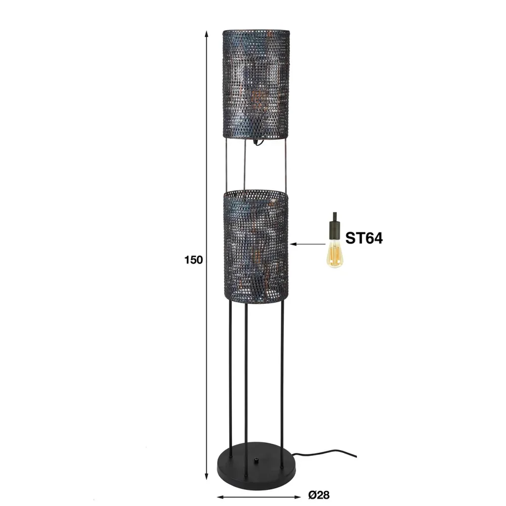 Giga Meubel Vloerlamp Armor Tube - Zwart Metaal - 2-Lichts - 28x28x150cm