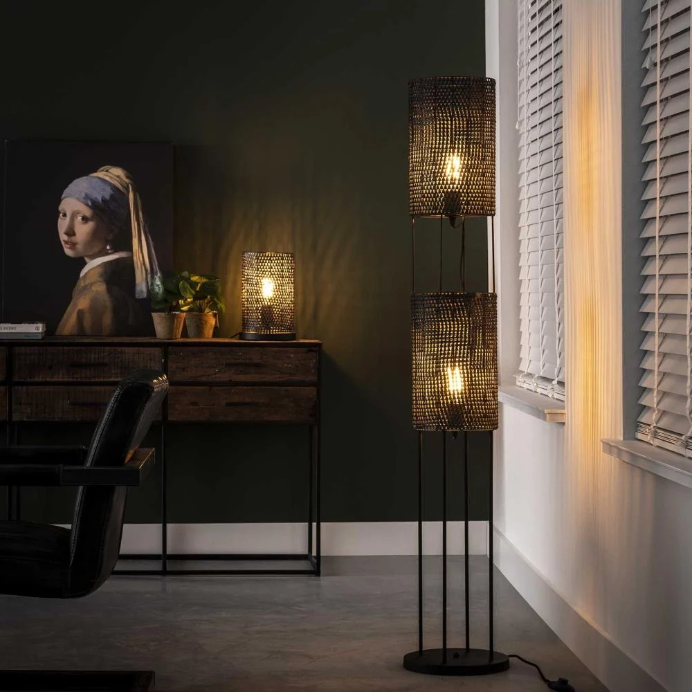 Giga Meubel Vloerlamp Armor Tube - Zwart Metaal - 2-Lichts - 28x28x150cm