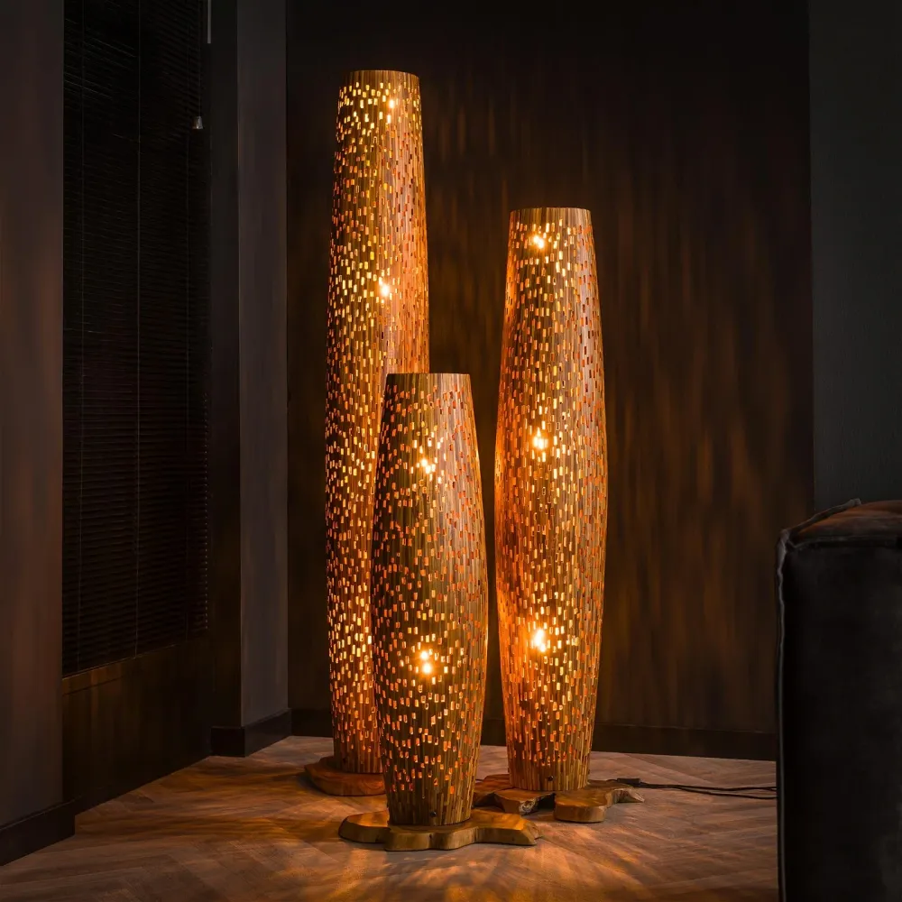 Giga Meubel Vloerlamp Bars - Naturel Teakhout - 4-Lichts - 40x40x184cm