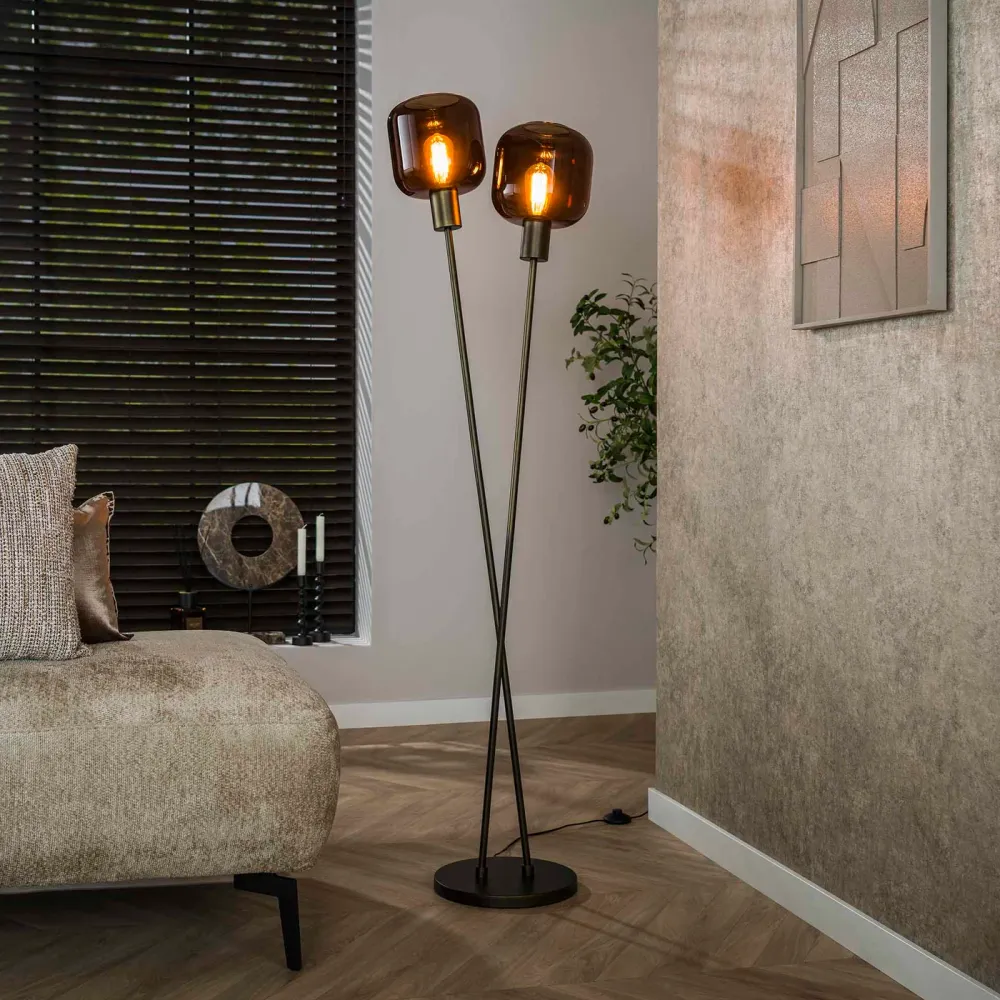 Giga Meubel Vloerlamp Bronza - Bruin Glas - 2-Lichts - 46x30x167cm
