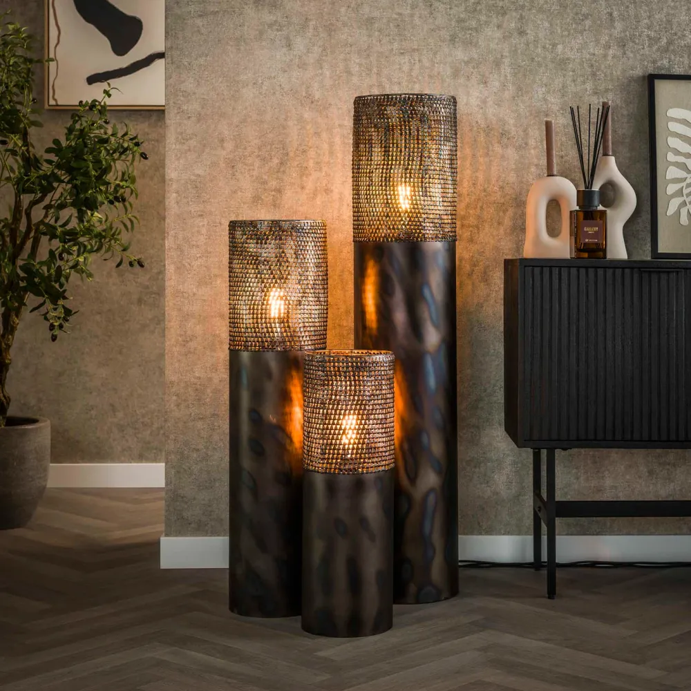 Giga Meubel Vloerlamp Cilinder - Zwart/Bruin Metaal - 1-Lichts - 20x20x60cm