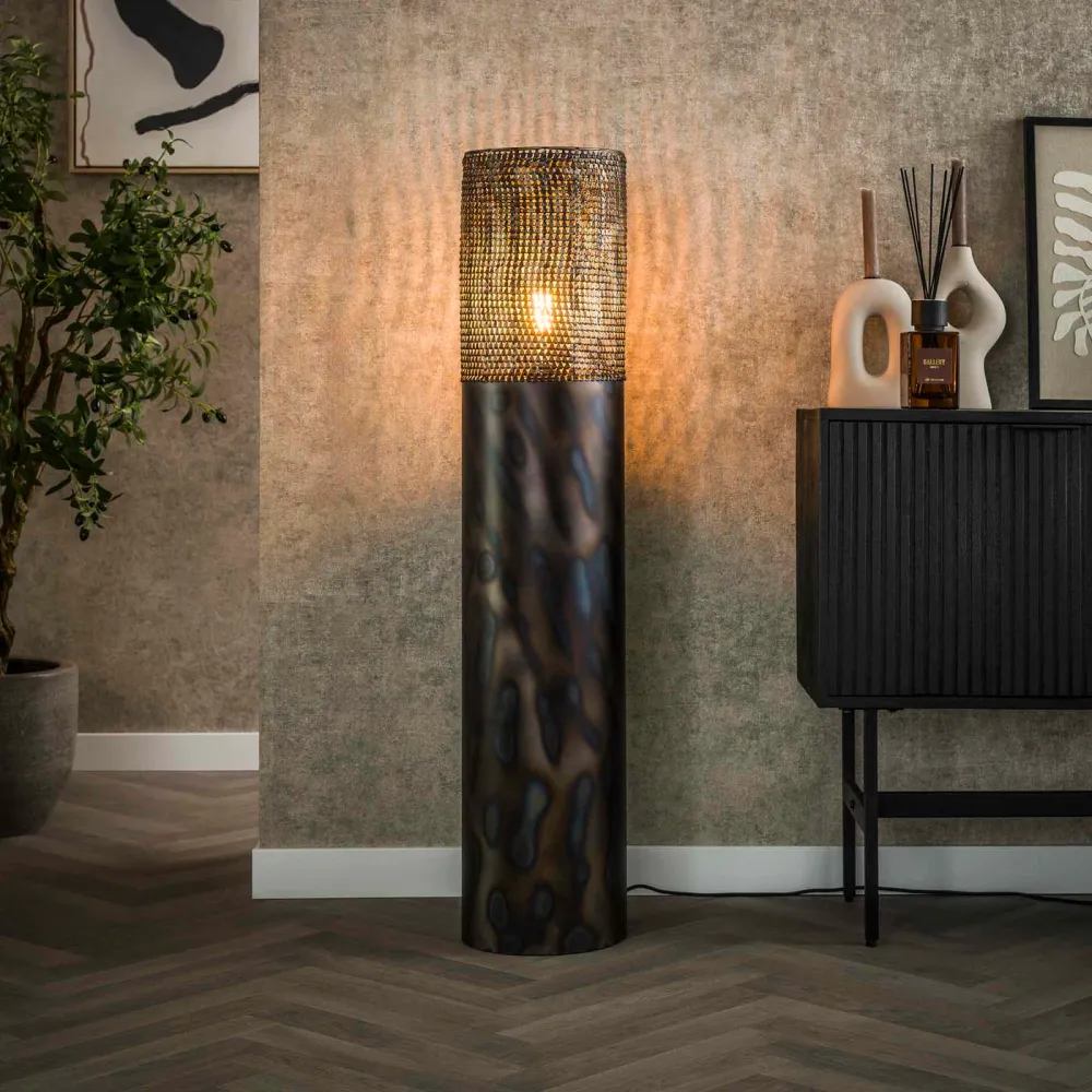 Giga Meubel Vloerlamp Cilinder - Zwart/Bruin Metaal - 1-Lichts - 25x25x120cm