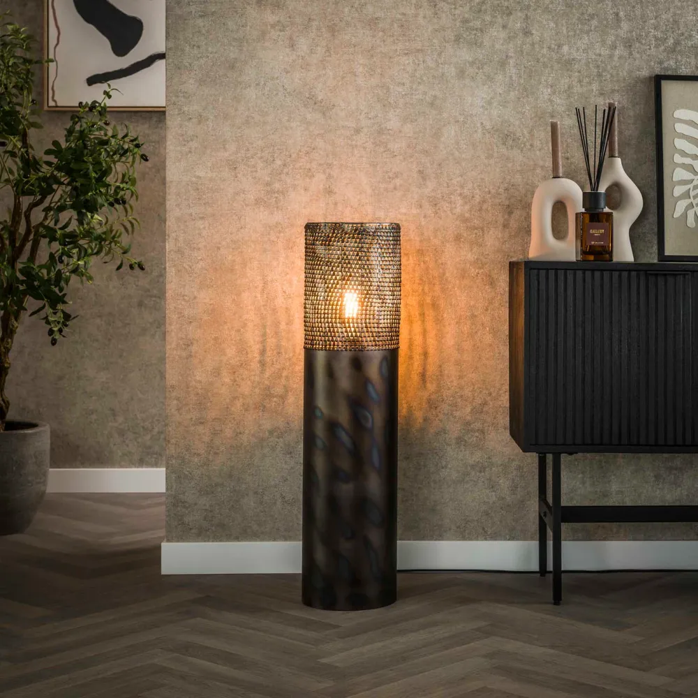 Giga Meubel Vloerlamp Cilinder - Zwart/Bruin Metaal - 1-Lichts - 22x22x90cm