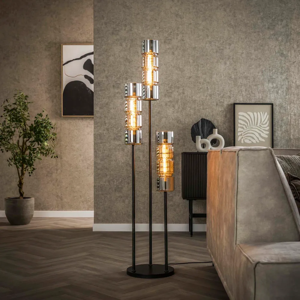 Giga Meubel Vloerlamp Cylinder - Chroom Glas - 3-Lichts - 32x32x155cm